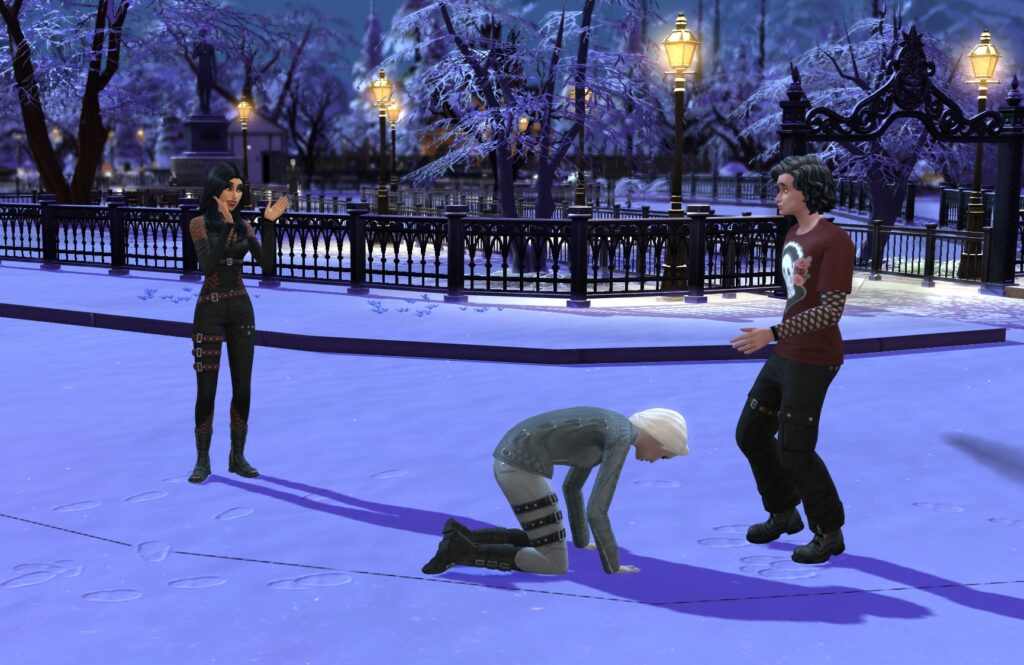 A female vampire watching a fight ending.  Joshua has defeated Agneta.