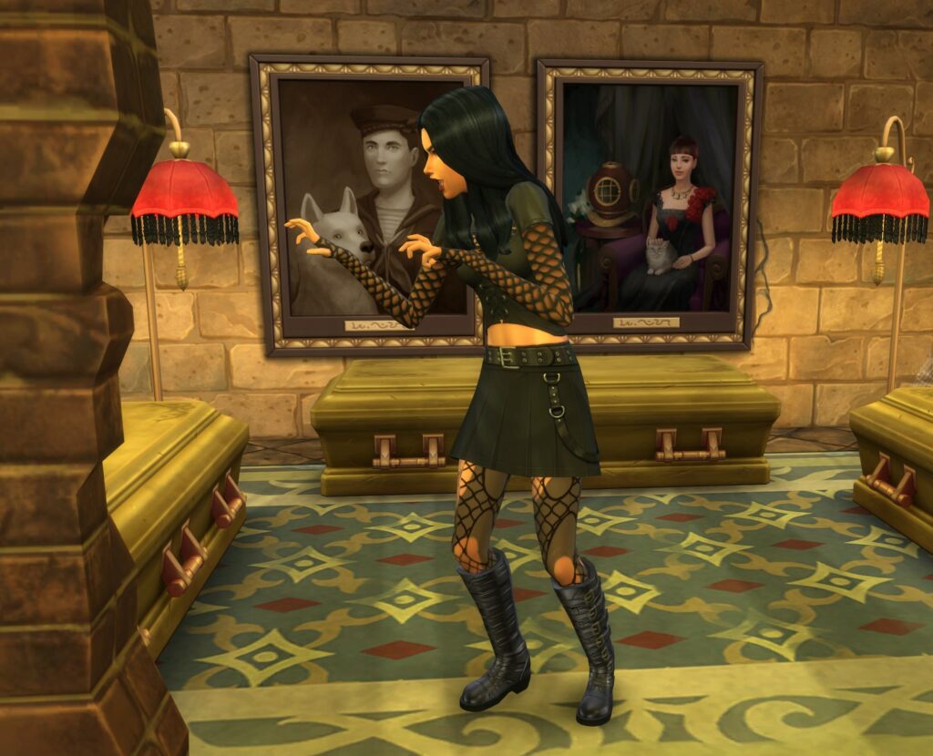 A young female vampire in Goth Galore Kit attire.
